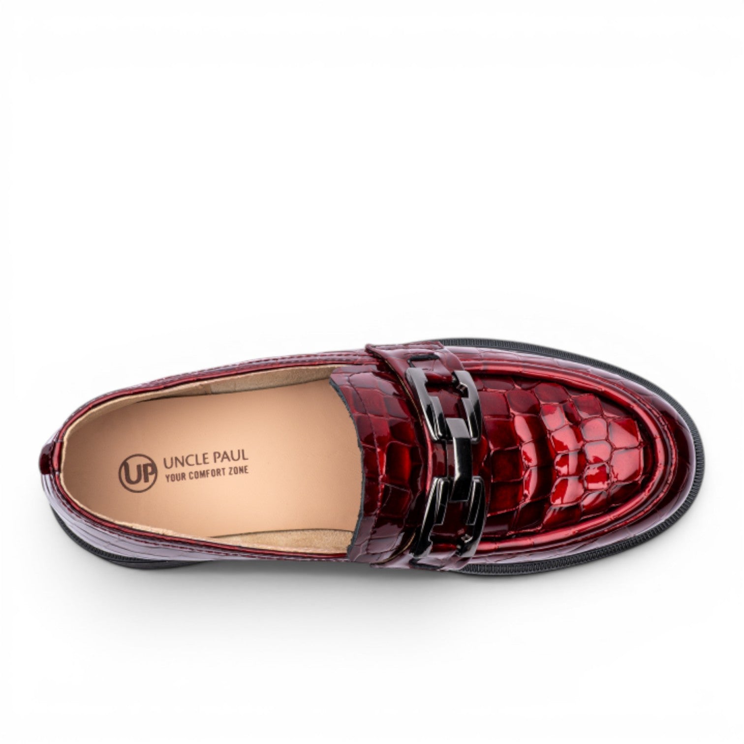Uncle Paul TIINA women's burgundy patent leather loafers with crocodile print and silver chain detail.